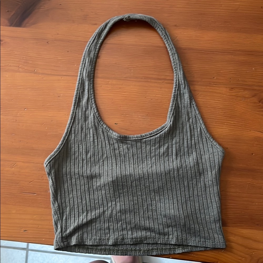 Ribbed Halter Neck Top - Gray